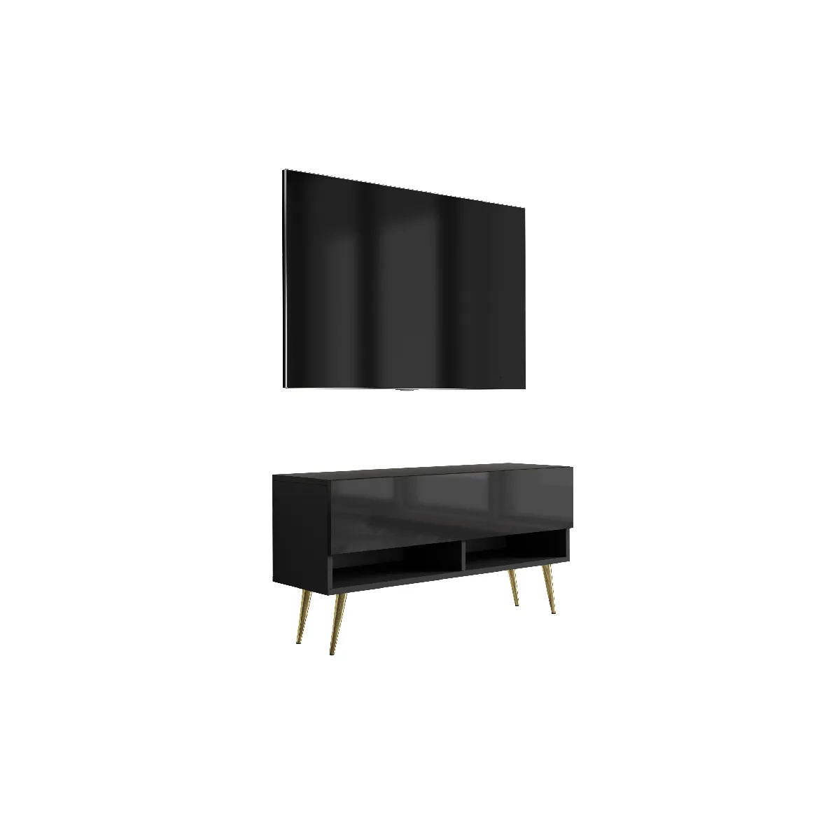 Meuble TV 100 cm Noir Mat / Noir Brillant, pieds obliques dorés, 100 x 32 x 52 cm