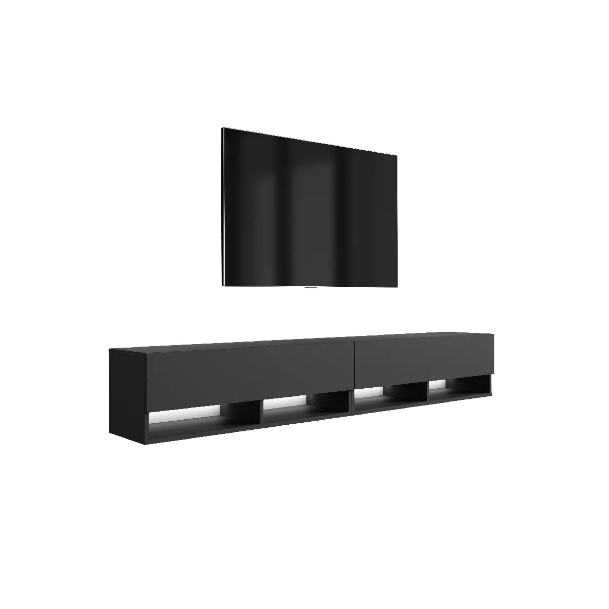 Meuble TV 200 (2 x 100) cm Noir mat, LED blanc, 200 x 32 x 52 cm