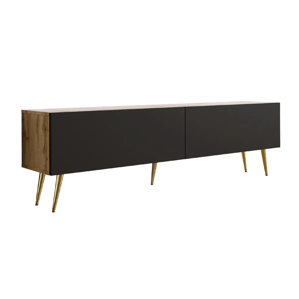 Meuble TV: Chêne Wotan / Noir Mat, Pieds Dorés, 170 X 52 X 32 Cm