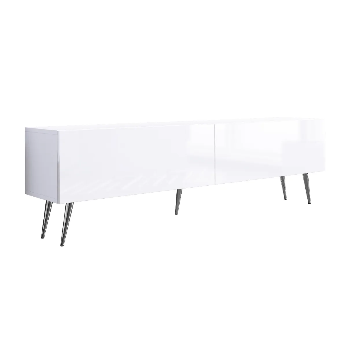 Meuble TV: Blanc Mat/Blanc Brillant, Pieds Chromés, 170 X 52 X 32 Cm