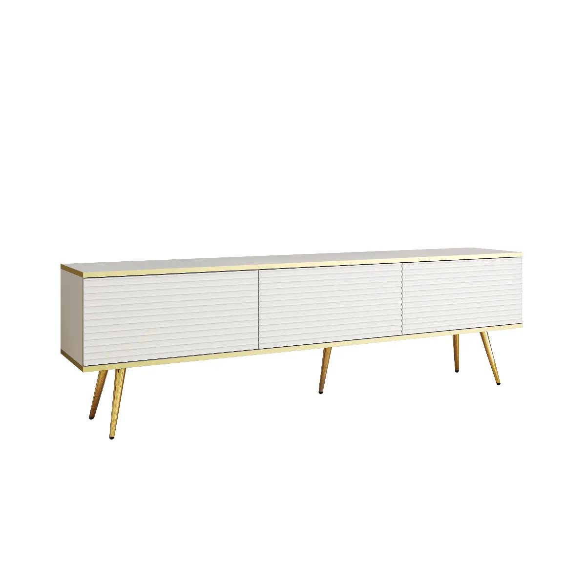 Meuble TV Avec Lamelles Blanc, pieds Noir, 175 x 32 x 53 cm, Push to Open