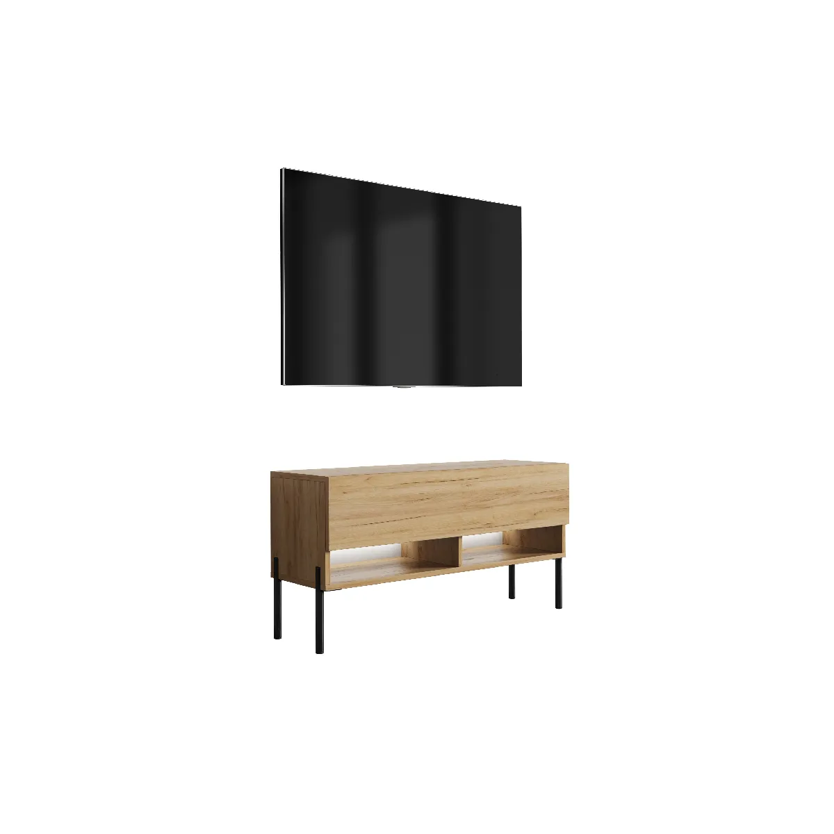 Meuble TV 100 cm Chêne Craft, pieds droits noirs, LED blanche, 100 x 32 x 52 cm