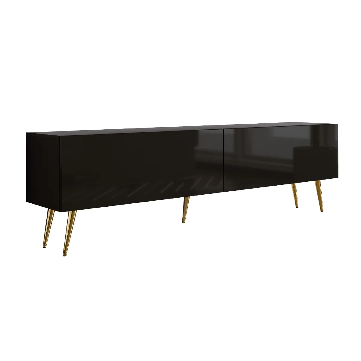 Meuble TV: Noir Mat / Noir Brillant, Pieds Dorés, 170 X 52 X 32 Cm