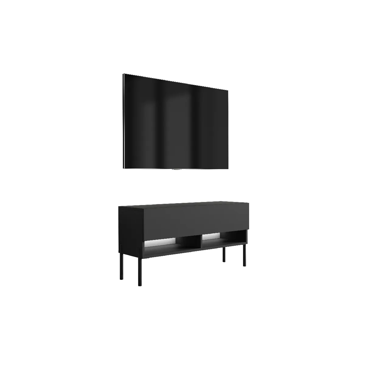 Meuble TV 100 cm Noir Mat, pieds droits noirs, LED blanche, 100 x 32 x 52 cm