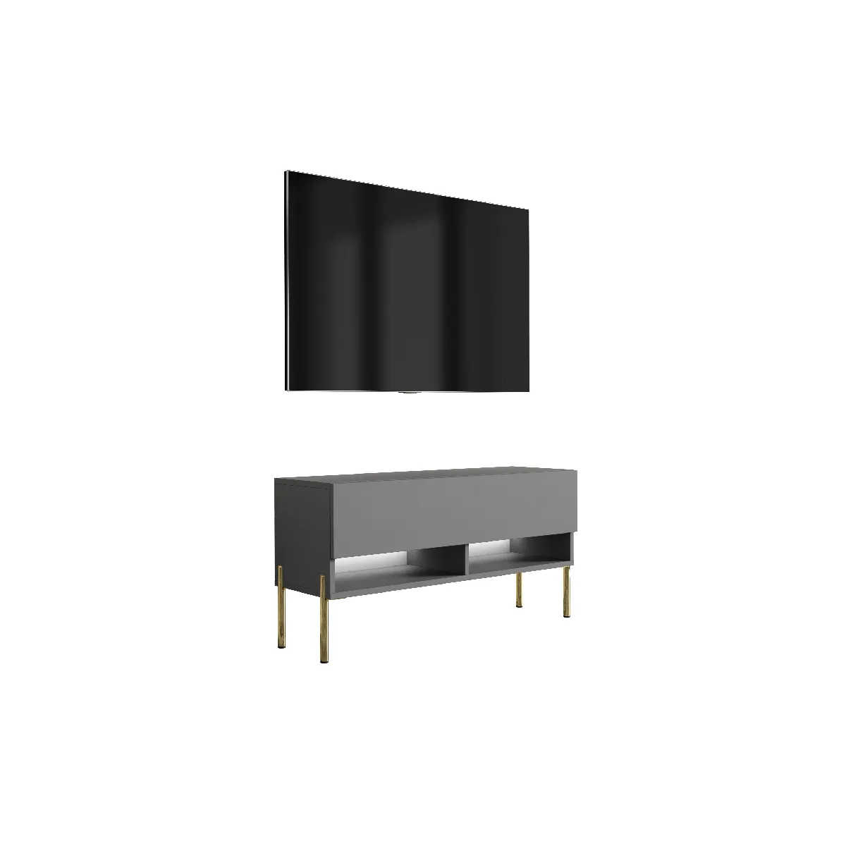 Meuble TV 100 cm Grey, pieds droits dorés, LED blanche, 100 x 32 x 52 cm