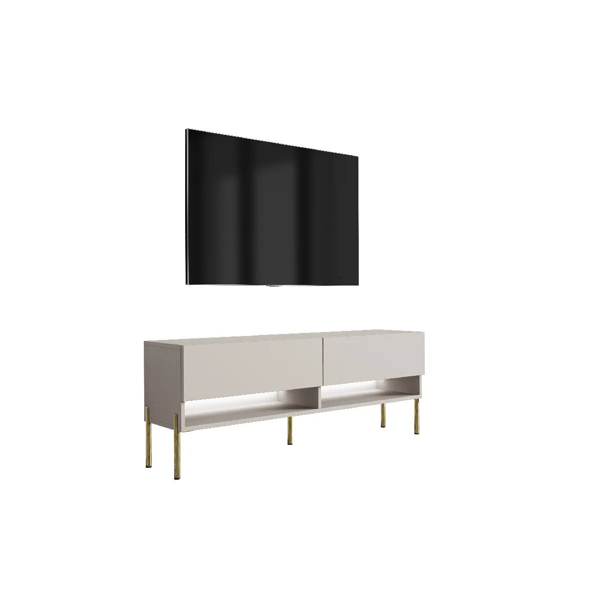Meuble TV 140 cm Cachemire, pieds droits dorés, LED blanche, 140 x 32 x 52 cm
