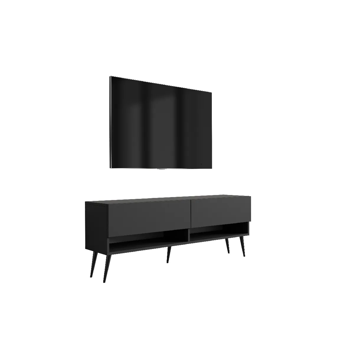 Meuble TV 140 cm Noir Mat, pieds obliques noirs, 140 x 32 x 52 cm