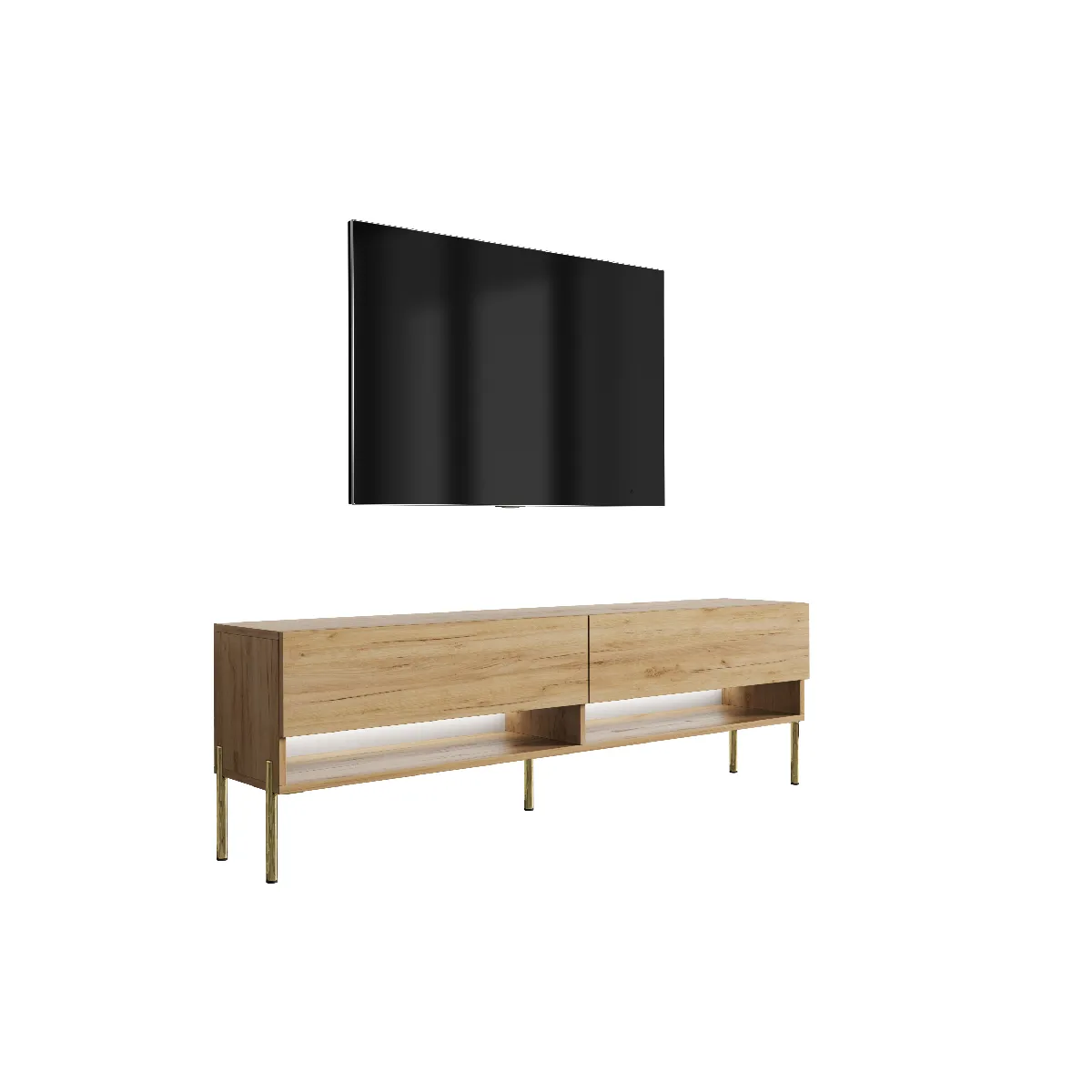 Meuble TV 170 cm Chêne Craft, pieds droits dorés, LED blanche, 170 x 32 x 52 cm