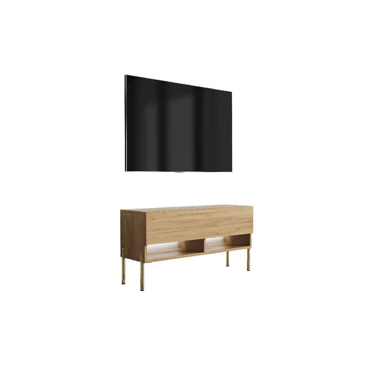 Meuble TV 100 cm Chêne Craft, pieds droits dorés, LED blanche, 100 x 32 x 52 cm