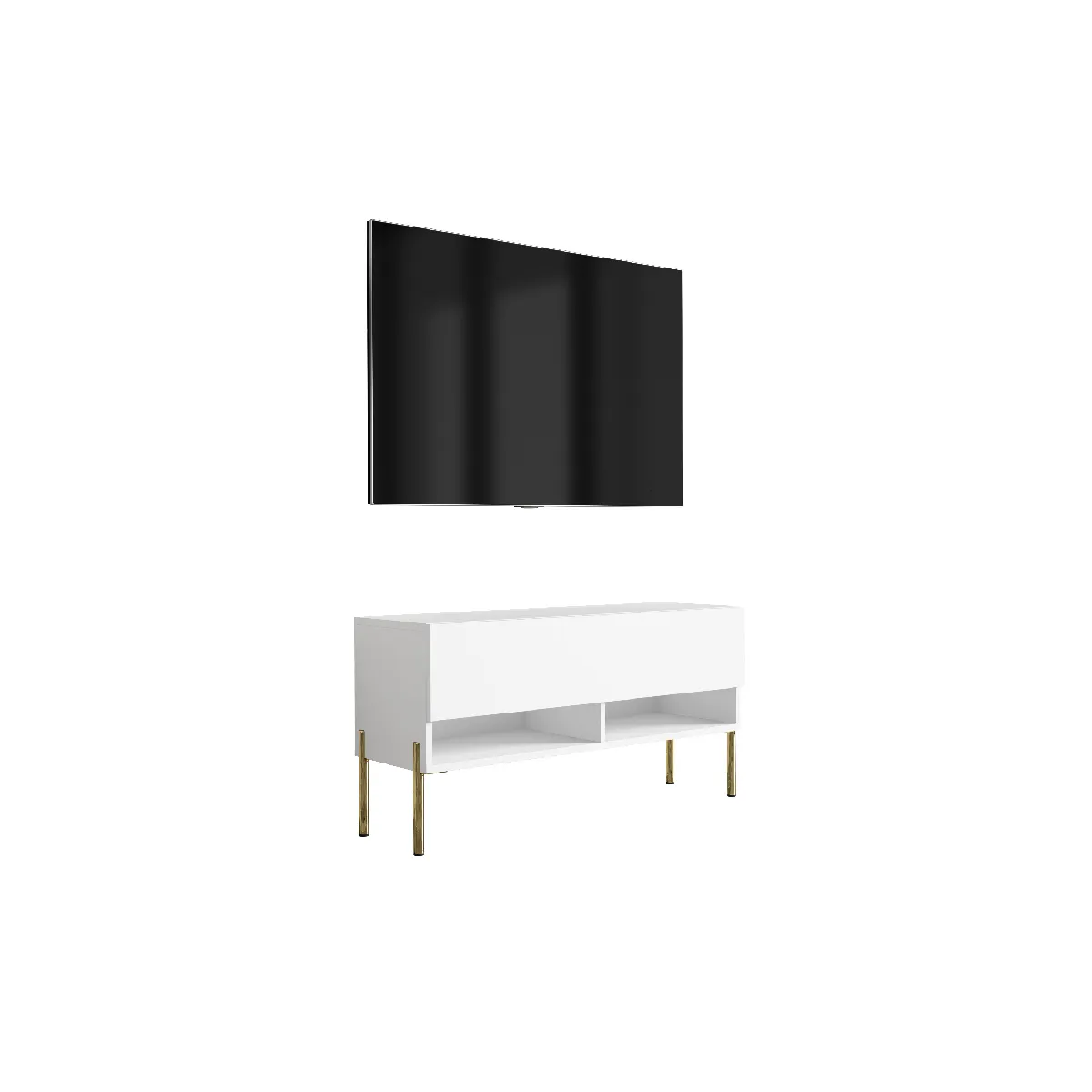 Meuble TV 100 cm Blanc Mat, pieds droits dorés, 100 x 32 x 52 cm
