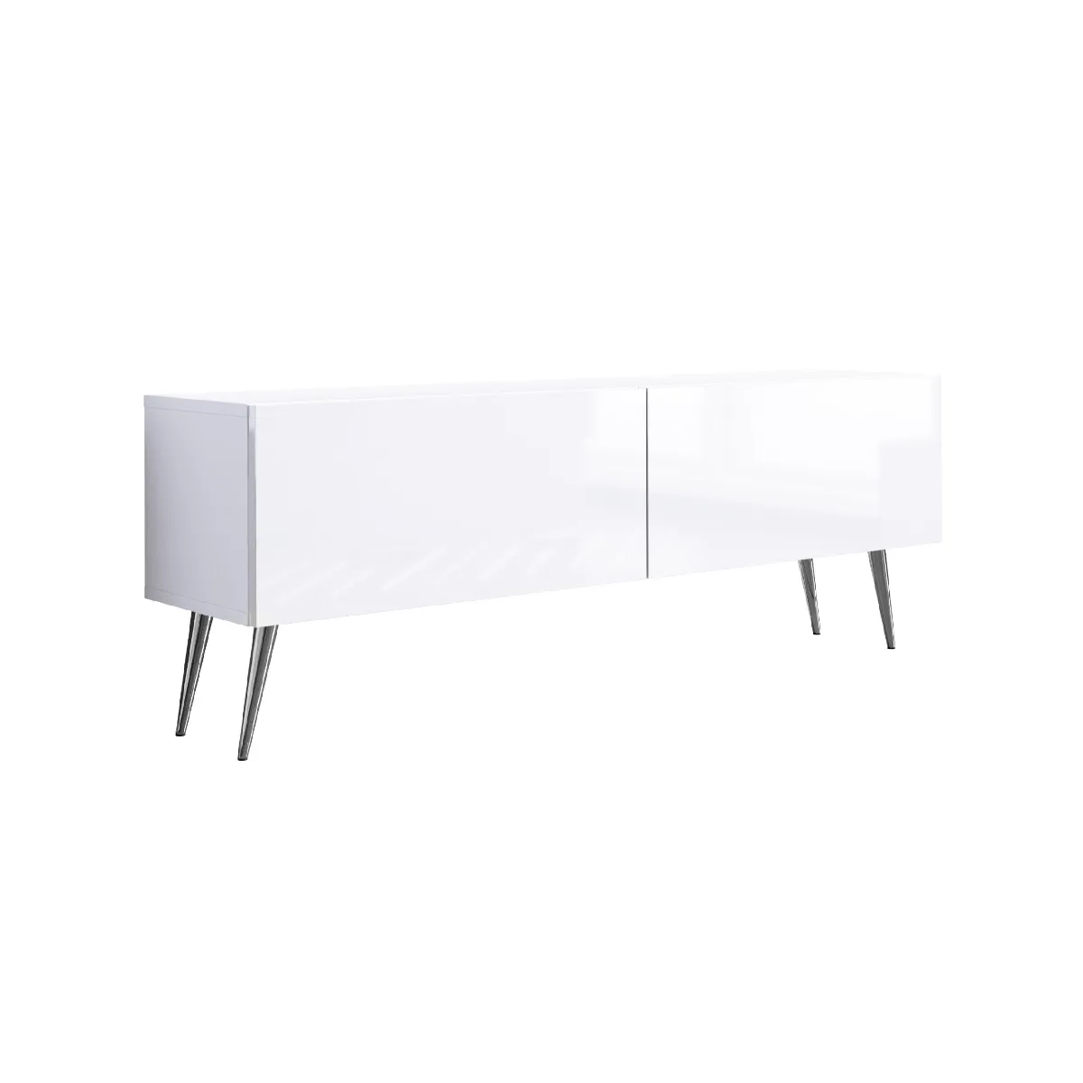 Meuble TV: Blanc Mat/Blanc Brillant, Pieds Chromés, 140 x 52 x 32 cm