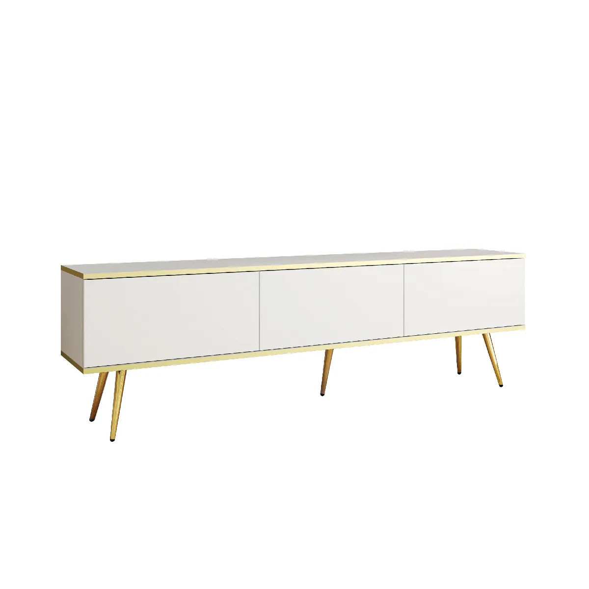 Meuble TV, Blanc, pieds Noir, 175 x 32 x 53 cm, Push to Open
