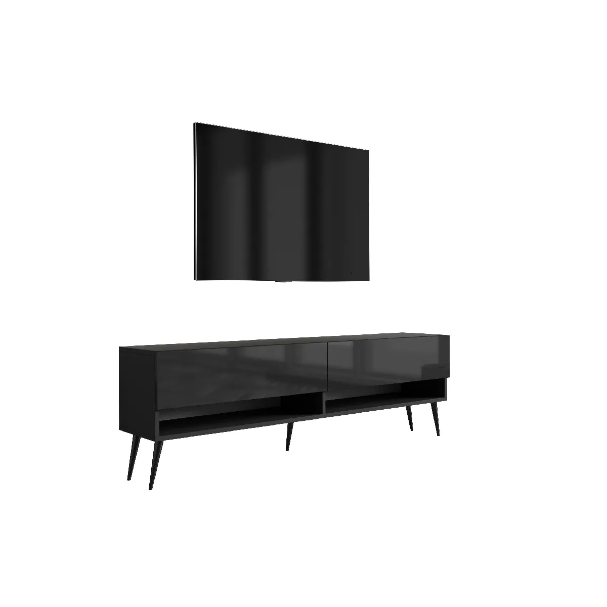 Meuble TV 170 cm Noir Mat / Noir Brillant, pieds obliques noirs, 170 x 32 x 52 cm