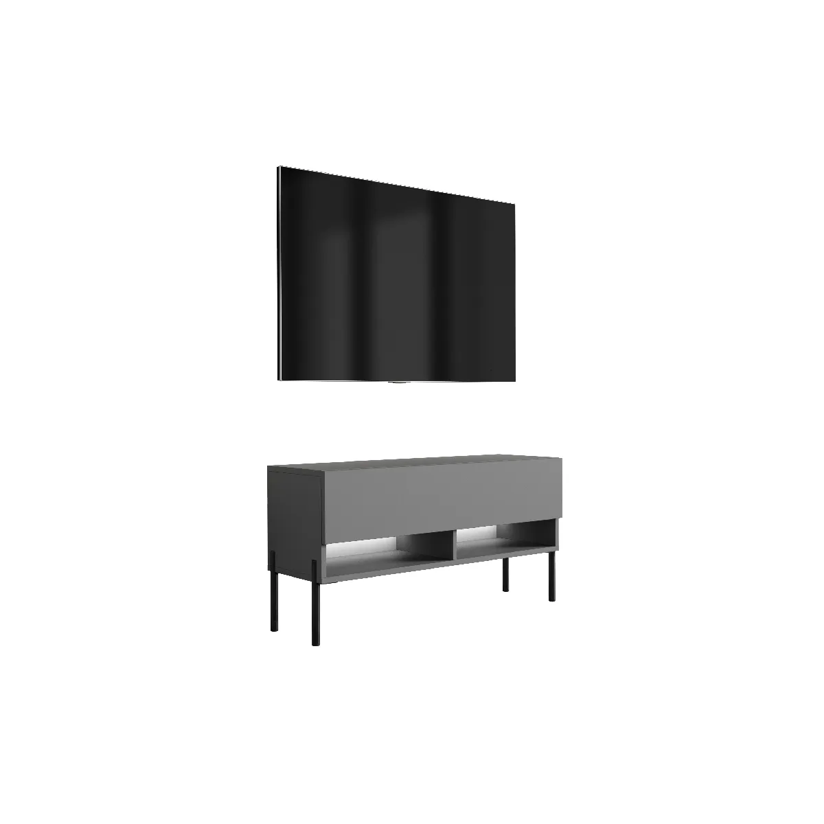 Meuble TV 100 cm Grey, pieds droits noirs, LED blanche, 100 x 32 x 52 cm