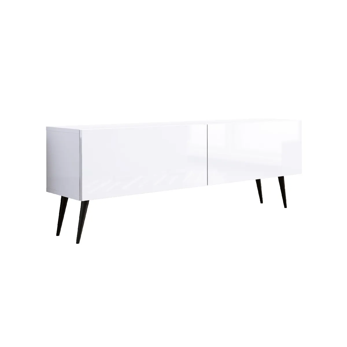 Meuble TV: Blanc Mat/Blanc Brillant, Pieds Noirs, 140 x 52 x 32 cm