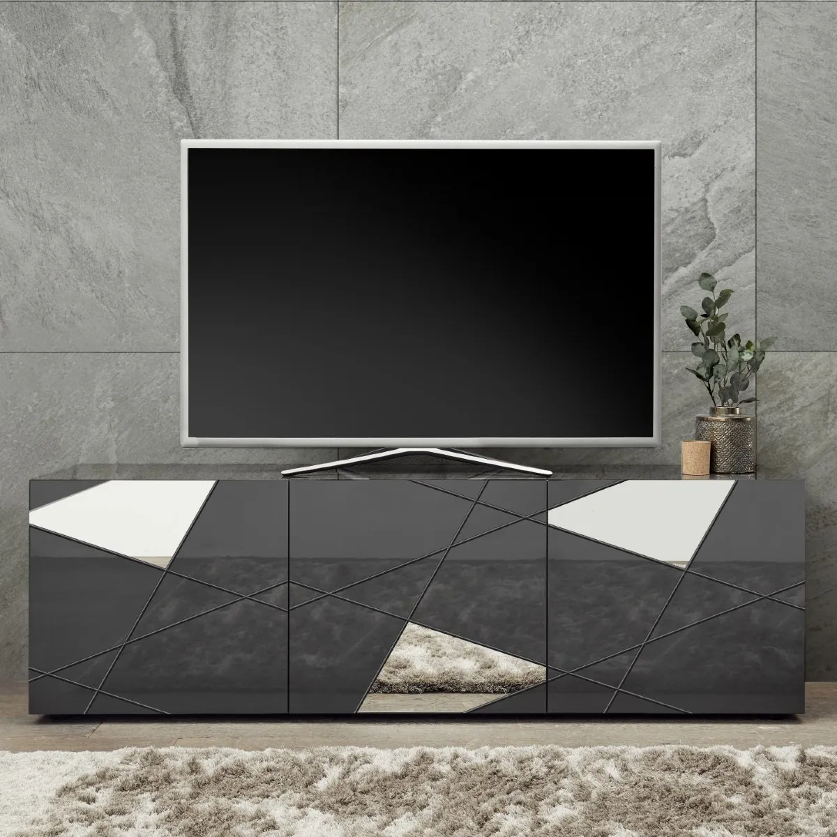 Meuble TV moderne laqué gris 180cm ANTONIA
