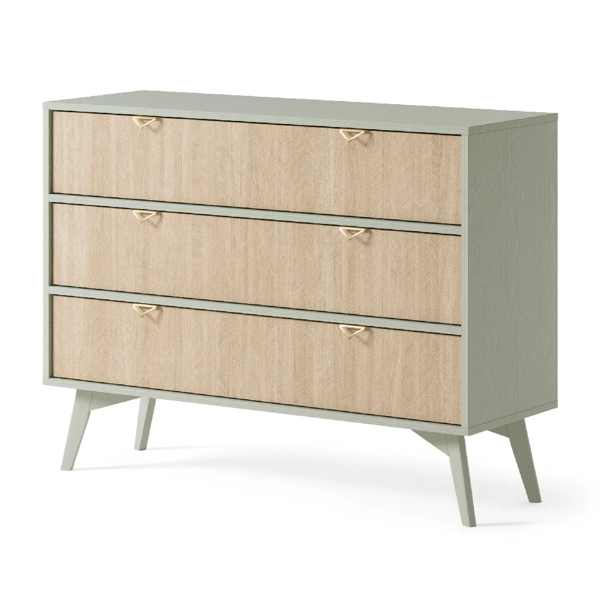 Commode: 3 Tiroirs, Eucalyptus / Chevrons scandi, Pieds Bois, 106 x 80 x 38cm