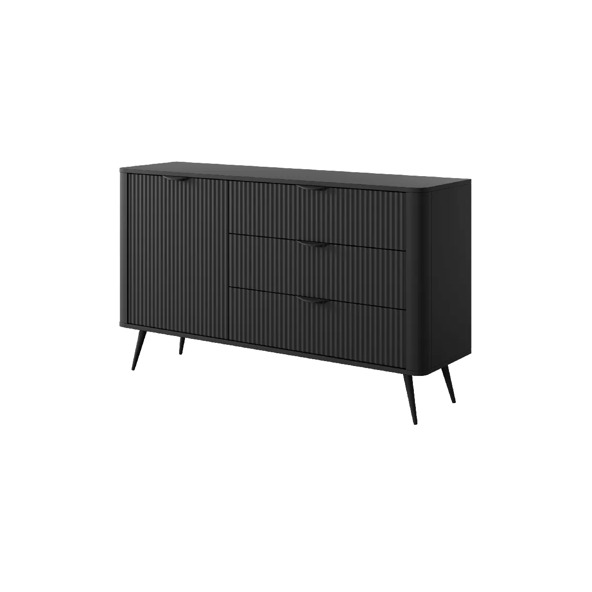 Commode: 3 Tiroirs, 1 Porte, Noir, 138,2 x 38 x 81,2 cm