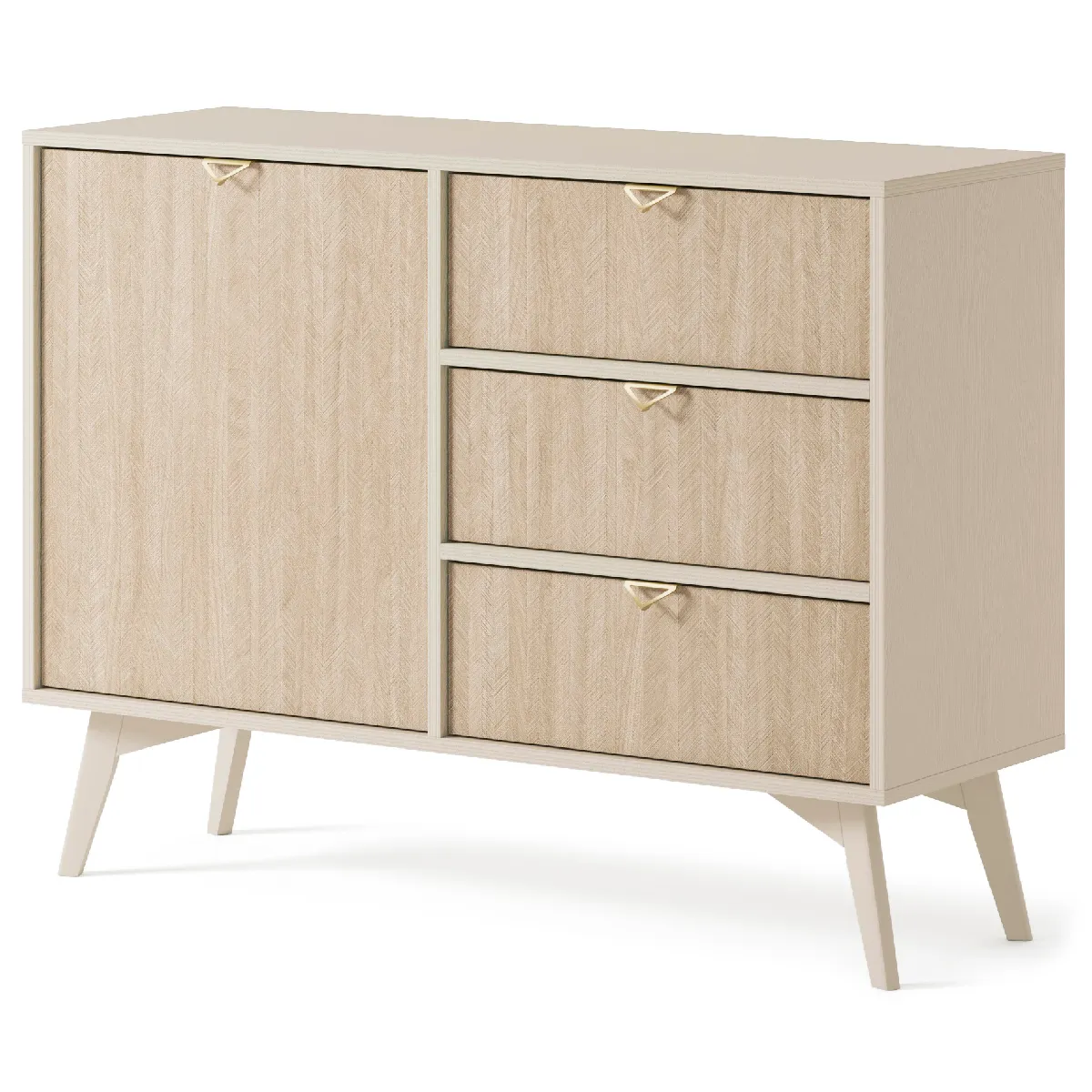 Commode: Beige Sable / Chevrons scandi, Pieds Bois, 106 x 80 x 38cm