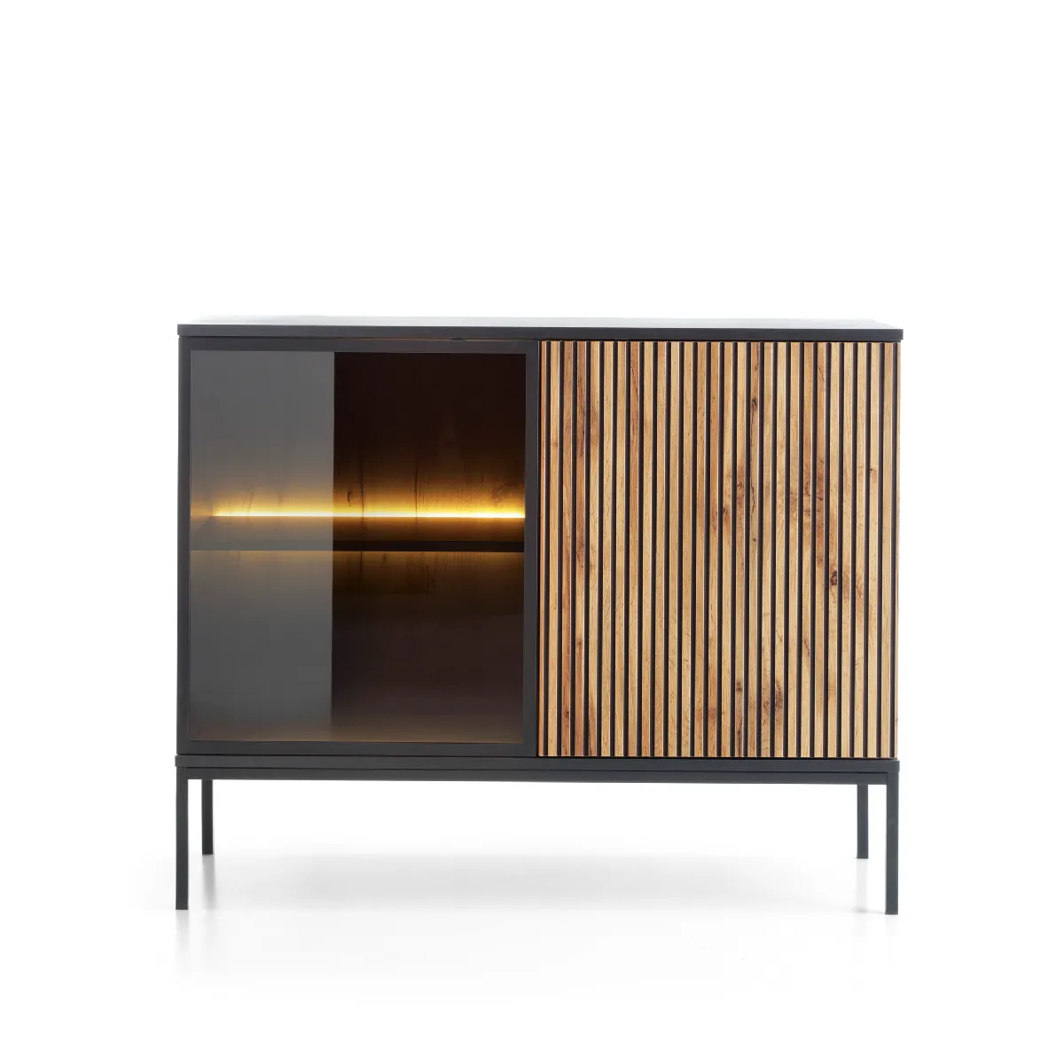 Commode étroite moderne à façade cannelée, 104 x 83 x 39 cm, chêne noir / Wotan
