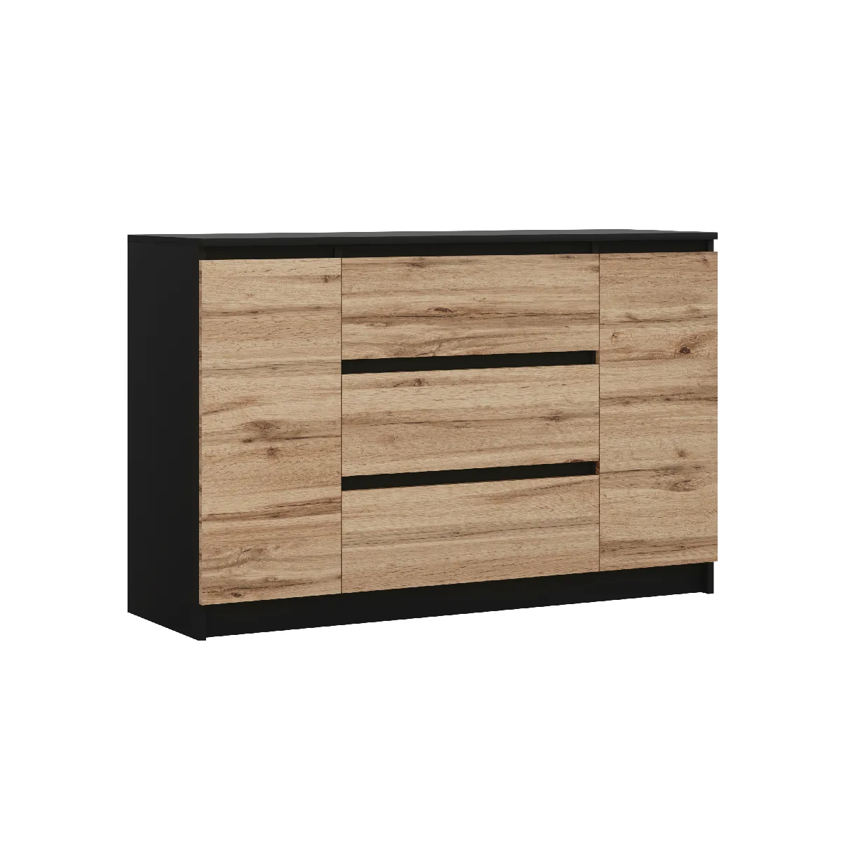 Commode, noir mat, chêne wotan, 120 x 78 x 39 cm, 2 portes, 3 tiroirs