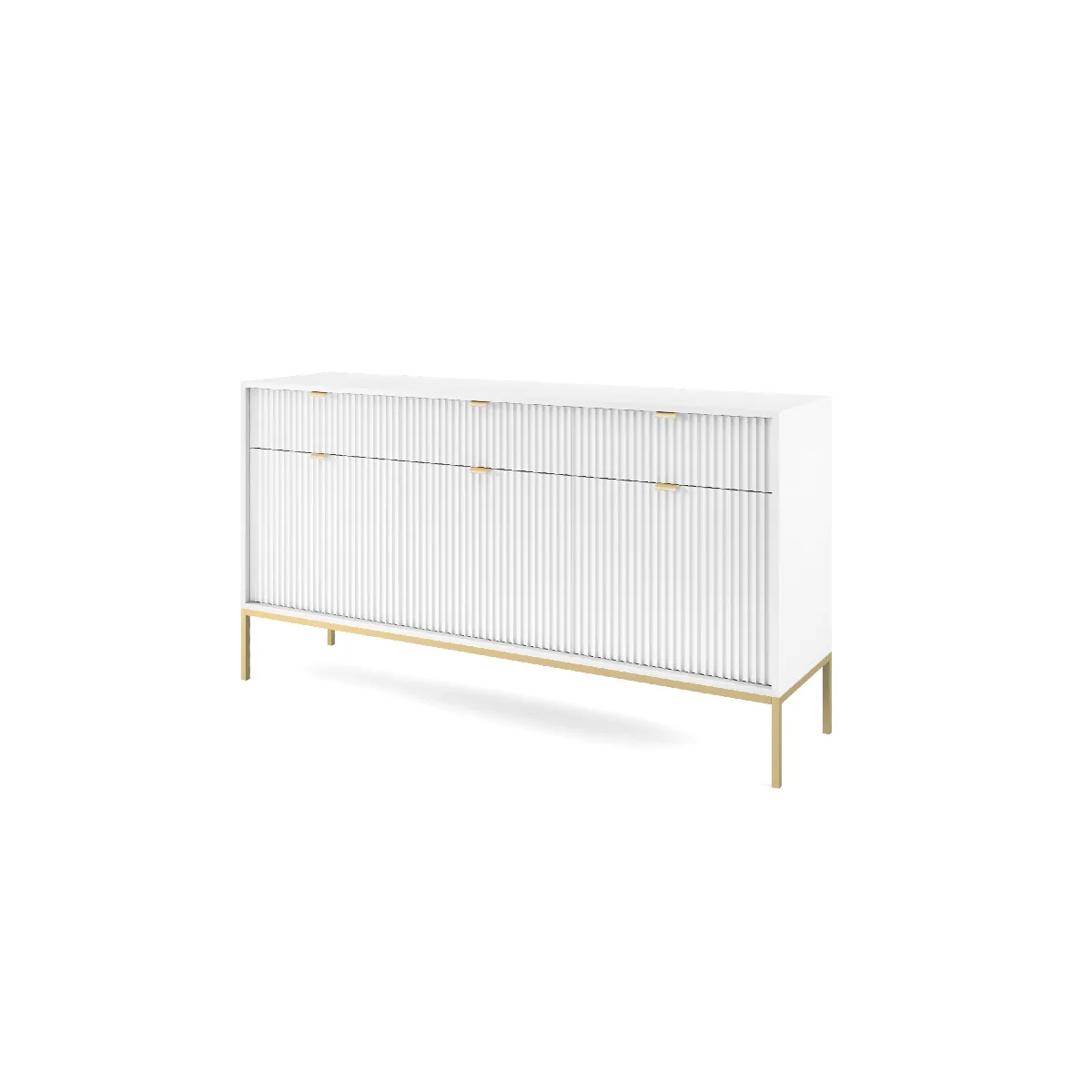 Commode: 3 Tiroirs, 3 Portes, Blanc, or, 154 x 83 x 39 cm, poignées dorées