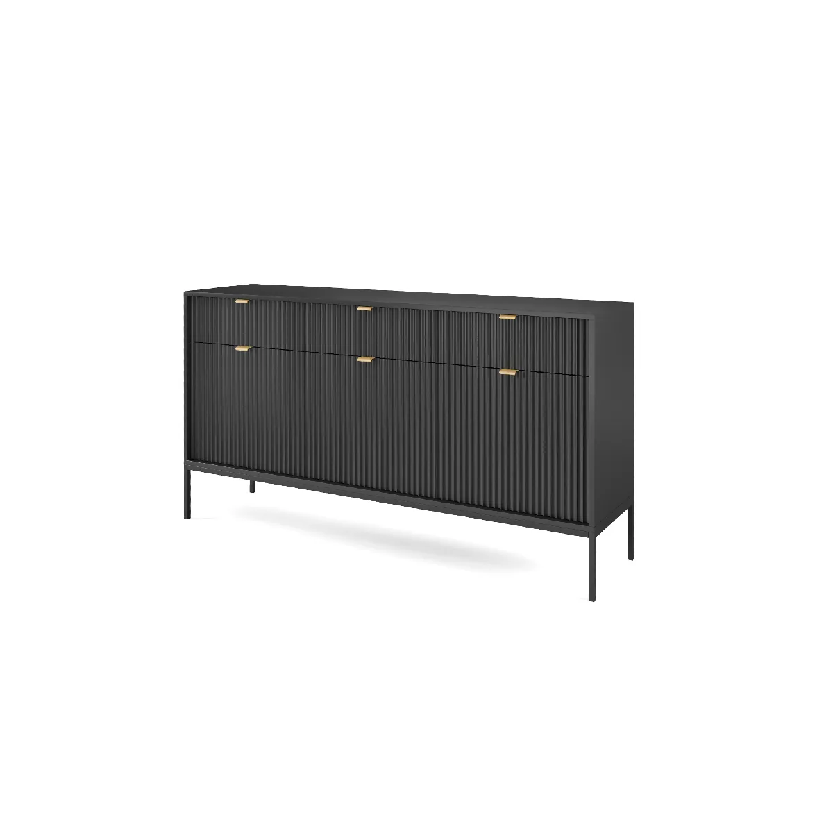 Commode: 3 Tiroirs, 3 Portes, Noir, Noir, 154 x 83 x 39 cm, poignées dorées