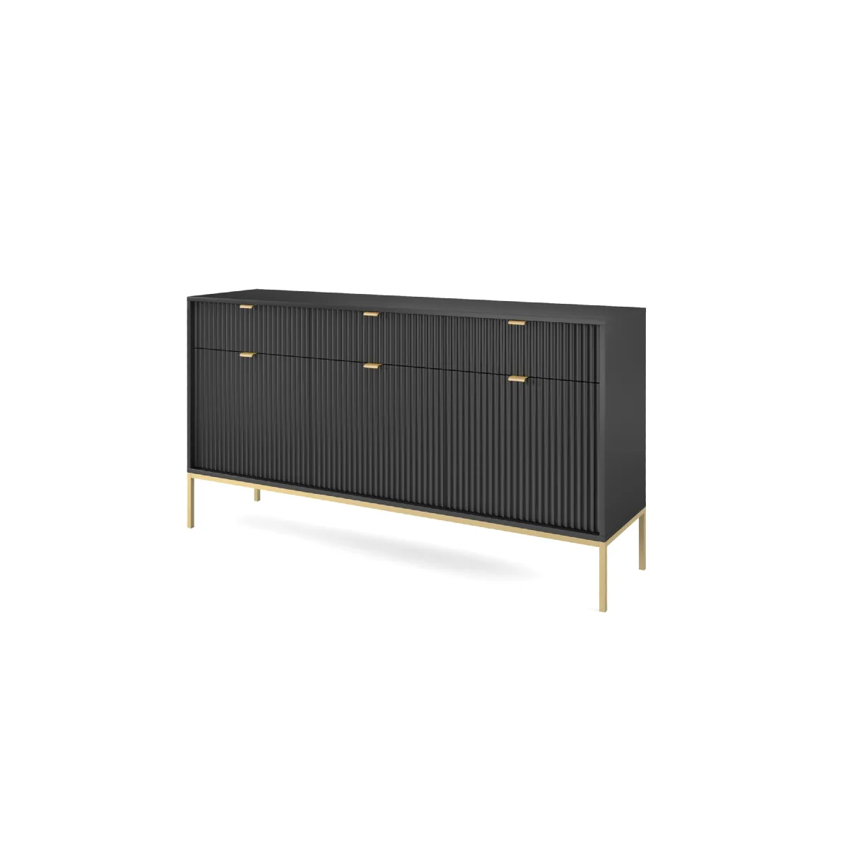Commode: 3 Tiroirs, 3 Portes, Noir, or, 154 x 83 x 39 cm, poignées dorées
