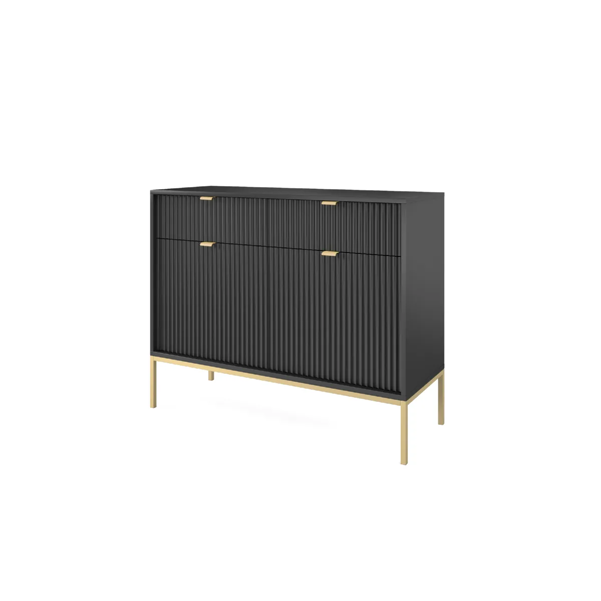 Commode: 2 Tiroirs, 2 Portes, Noir, or, 104 x 83 x 39 cm, poignées dorées
