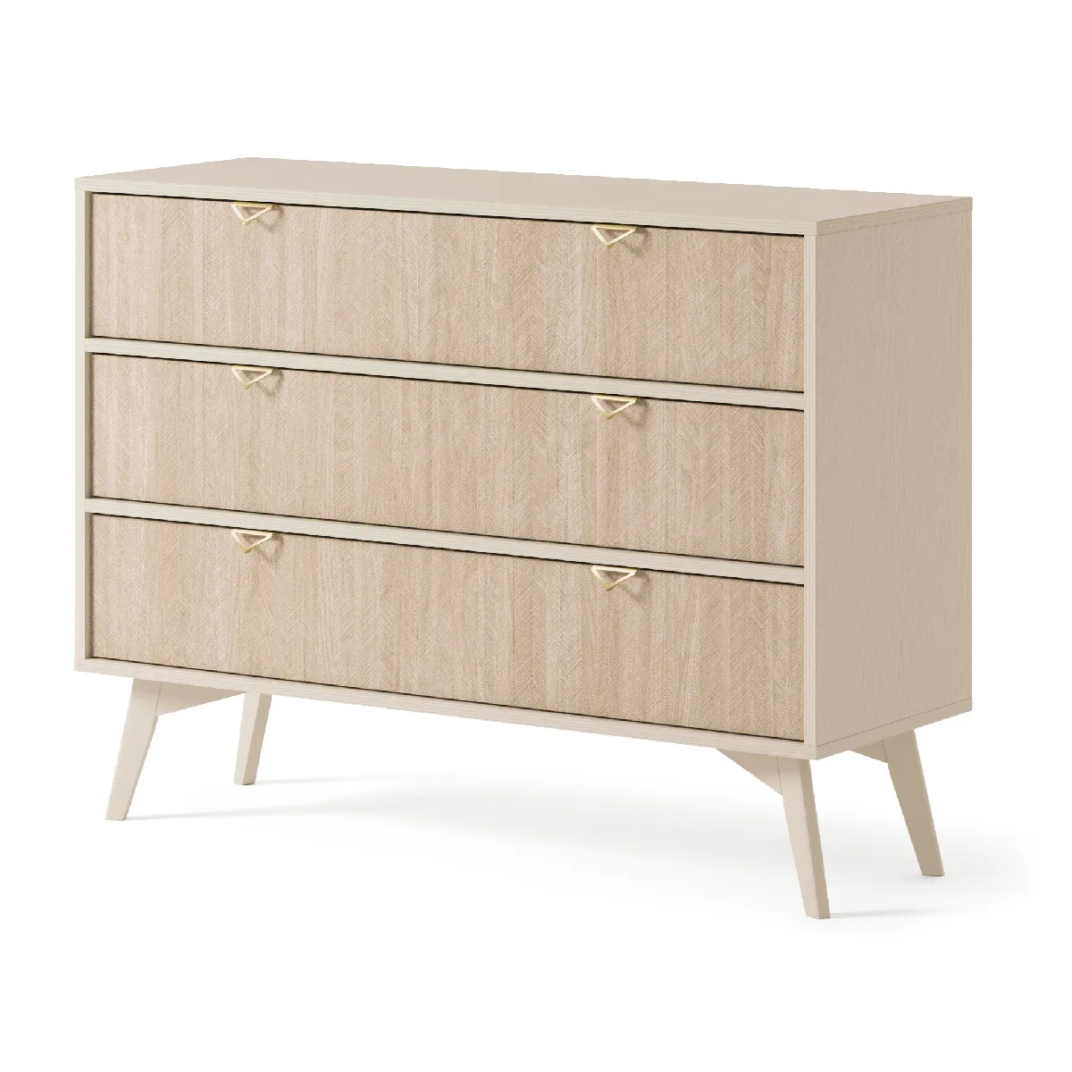 Commode: 3 Tiroirs, Beige Sable / Chevrons scandi, Pieds Bois, 106 x 80 x 38cm