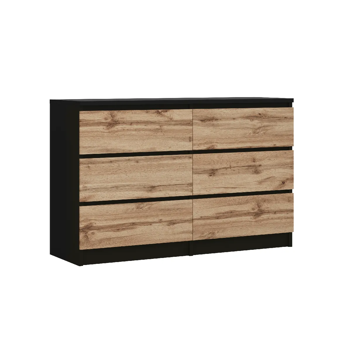 Commode 6 Tiroirs, Noir / Chêne Wotan, 120 X 39 X 78 Cm