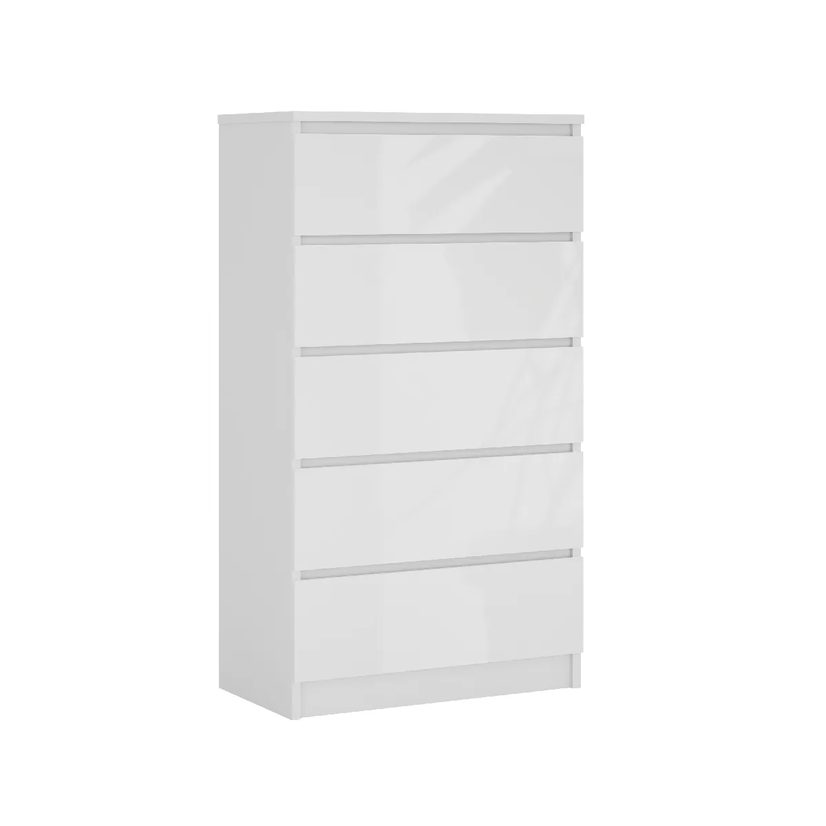 Commode 5 Tiroirs, Blanc Mat / Blanc Brillant, 70 X 39 X 125 Cm