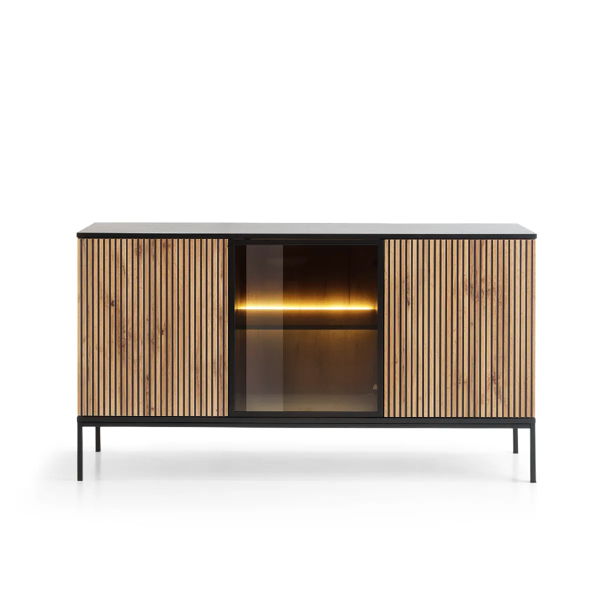 Commode large moderne avec portes et façade cannelée 154x83x39 cm, Noir / Chêne Wotan