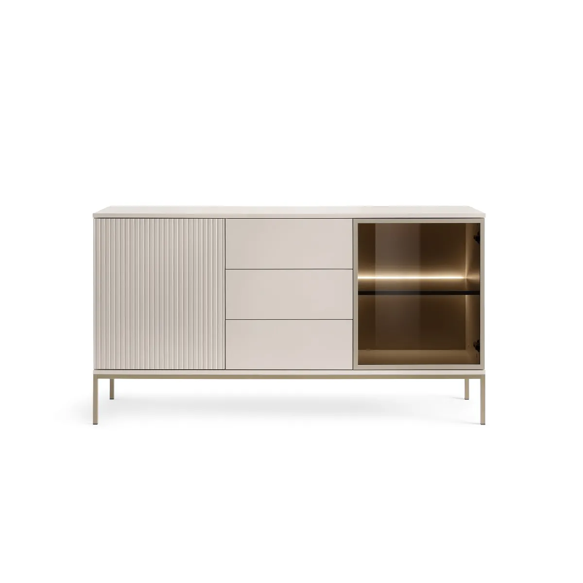 Commode large moderne et façade cannelée 154x83x39 cm, couleur Cachemire / Or