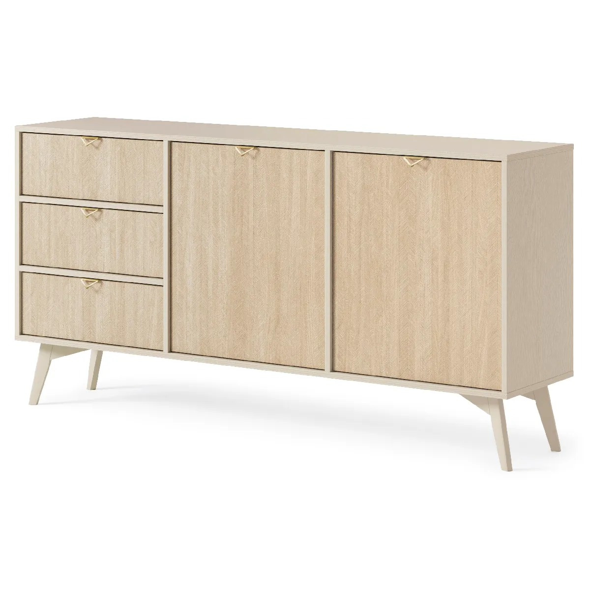 Commode: Beige Sable / Chevrons scandi, Pieds Bois, 158 X 80 X 38cm