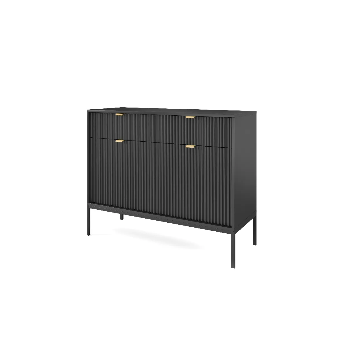 Commode: 2 Tiroirs, 2 Portes, Noir, Noir, 104 x 83 x 39 cm, poignées dorées