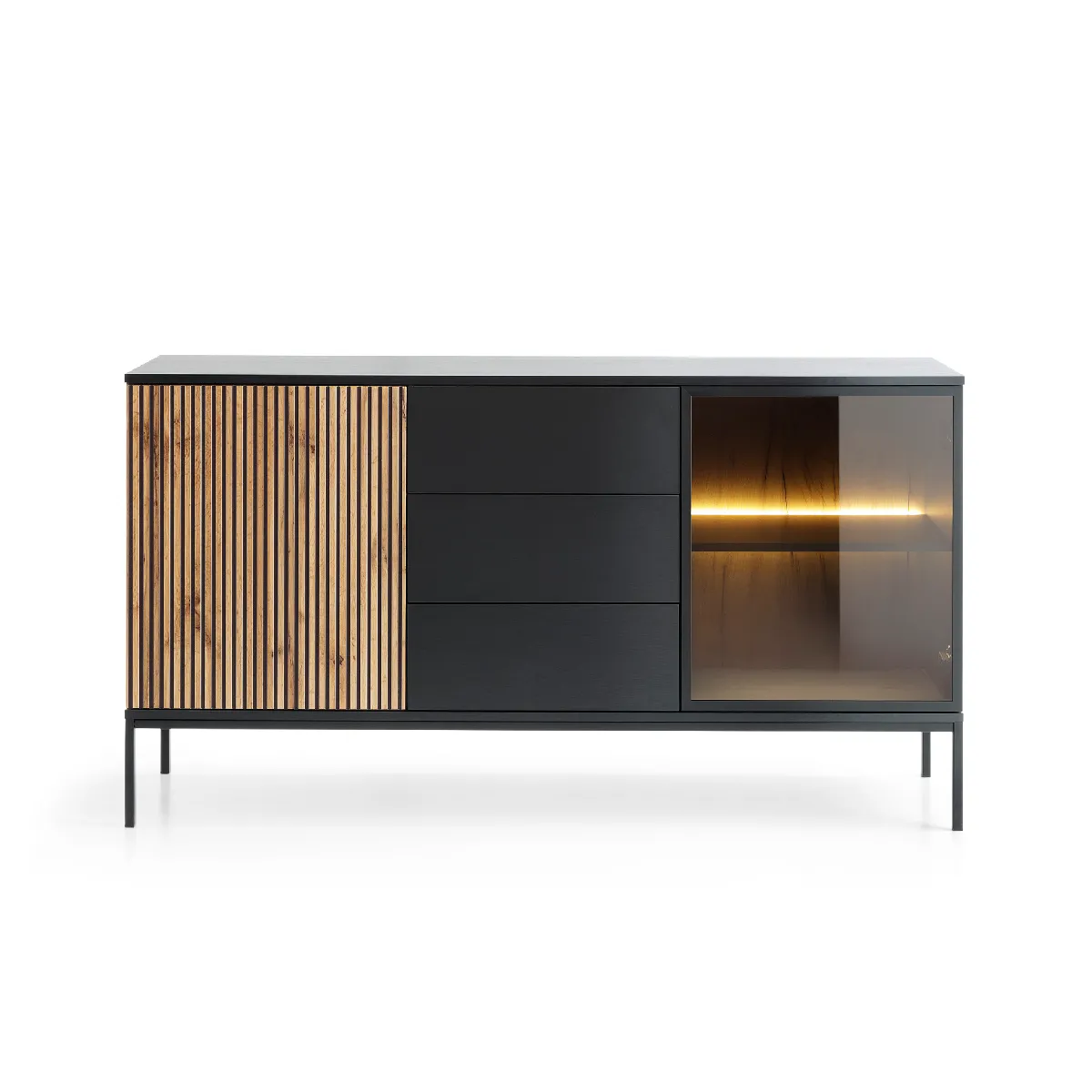 Commode large moderne et façade cannelée 154x83x39 cm, Noir / Chêne Wotan