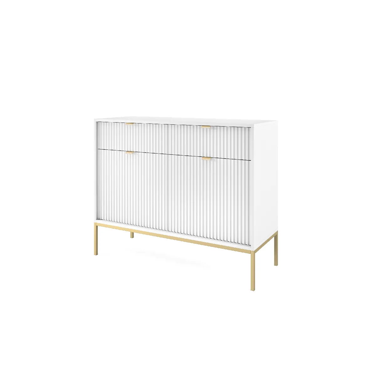 Commode: 2 Tiroirs, 2 Portes, Blanc, or, 104 x 83 x 39 cm, poignées dorées