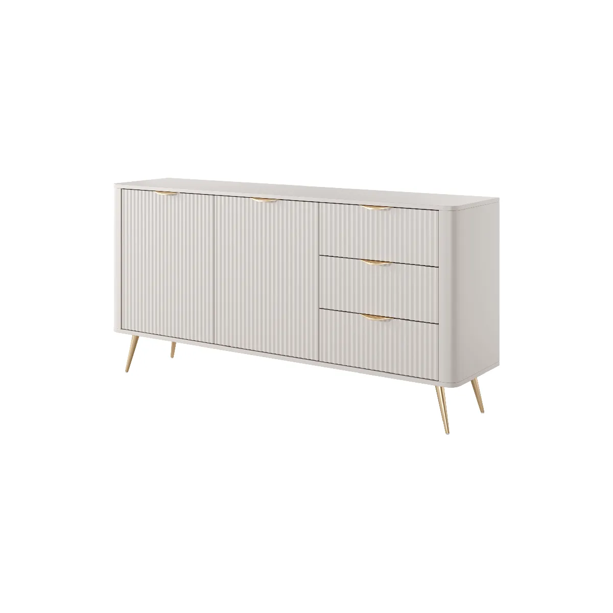 Commode: 3 Tiroirs, 2 Portes, Beige, 163,2 x 38 x 81,2 cm
