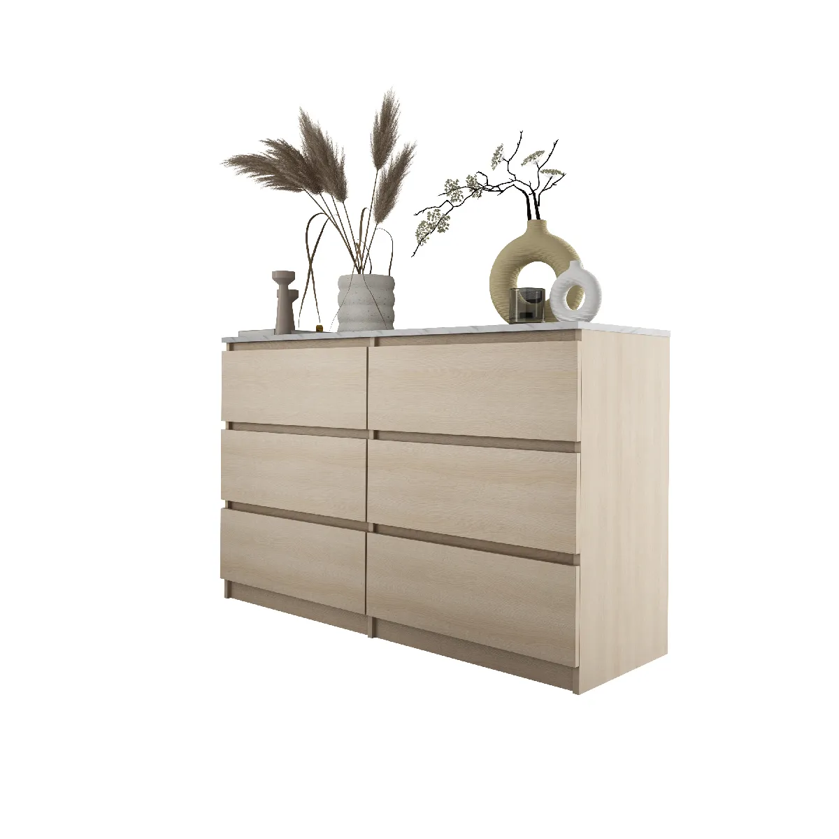 Commode 6 Tiroirs, Chêne Linberg / Mdf Marbre Bianco, 120 X 78,5 X 39 Cm