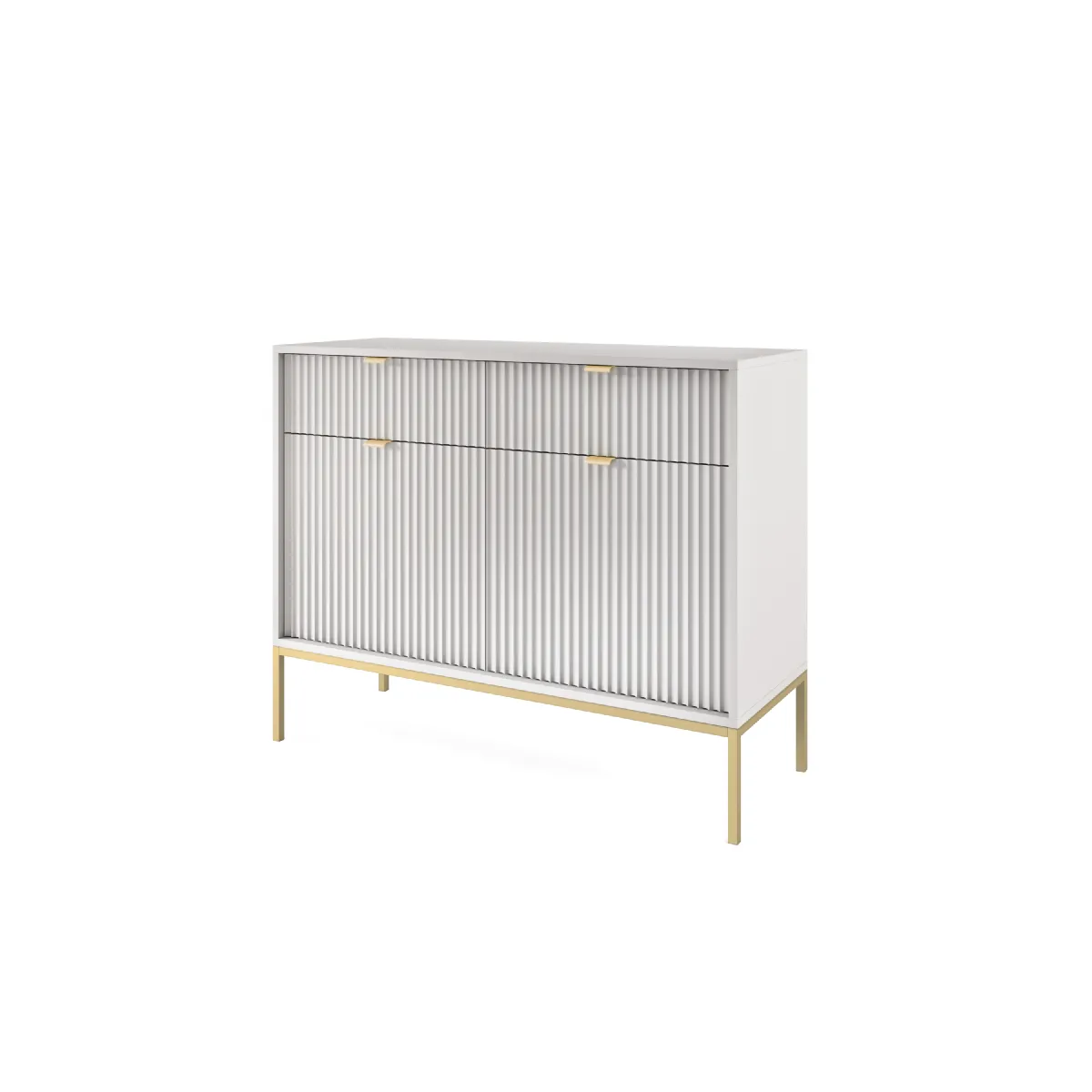 Commode: 2 Tiroirs, 2 Portes, Gris, or, 104 x 83 x 39 cm, poignées dorées