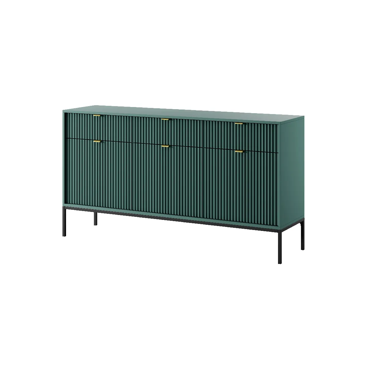 Commode: 3 Tiroirs, 3 Portes, labrador, Noir, 154 x 83 x 39 cm, poignées dorées