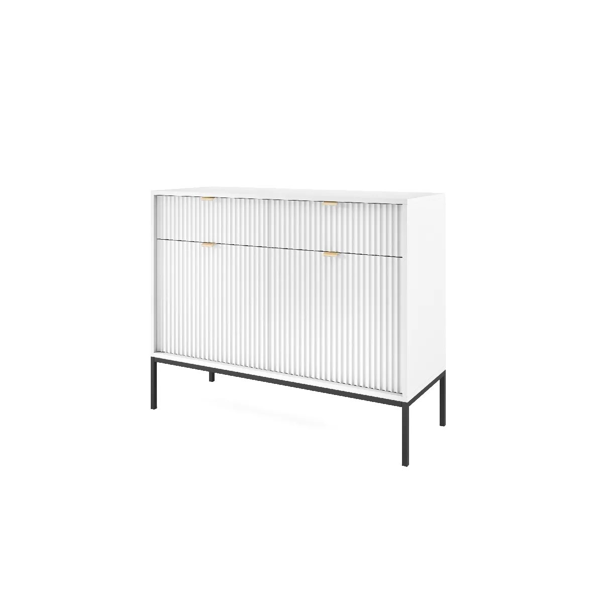 Commode: 2 Tiroirs, 2 Portes, Blanc, Noir, 104 x 83 x 39 cm, poignées dorées