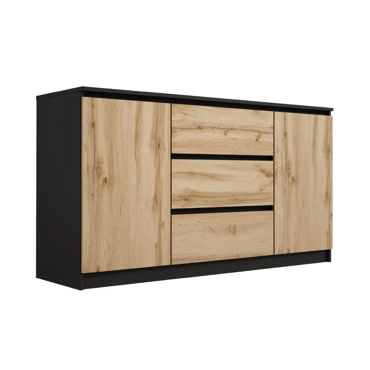 Commode, noir, chêne wotan, 140 x 79 x 39 cm, 3 tiroirs, 2 portes