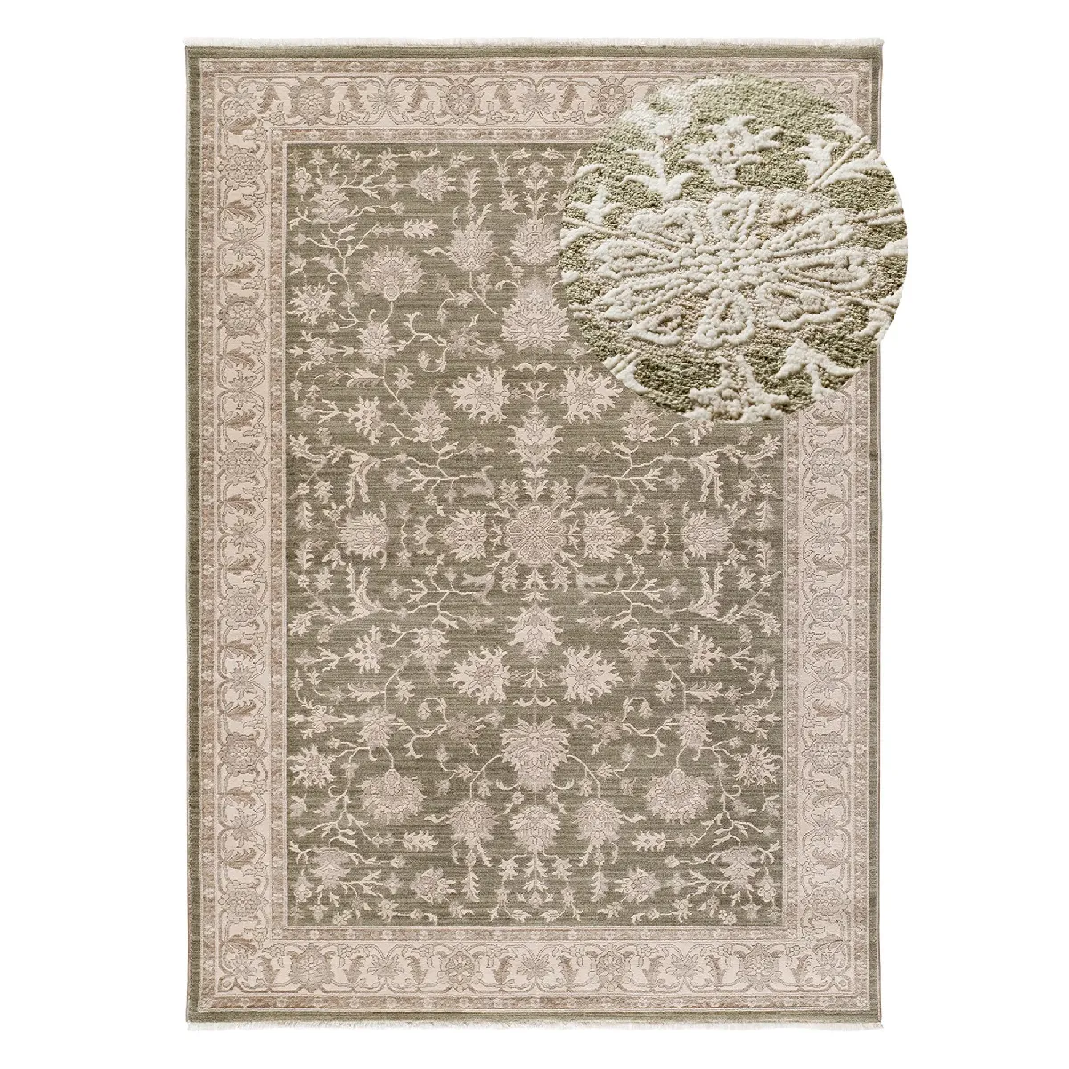 Tapis intérieur ATTICGO vert / beige rectangulaire vintage avec franges 200x290 cm ONA