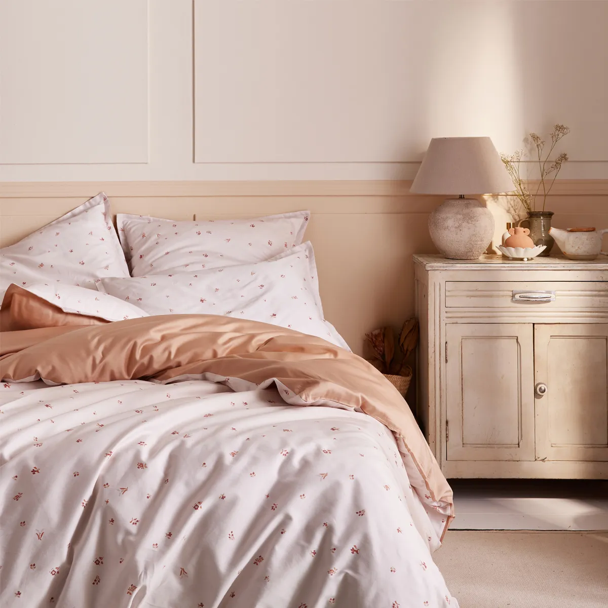 Parure De Lit Imprimée En Satin De Coton, Taies Rectangulaires, Impressionniste - 260 X 240 Cm - Beige