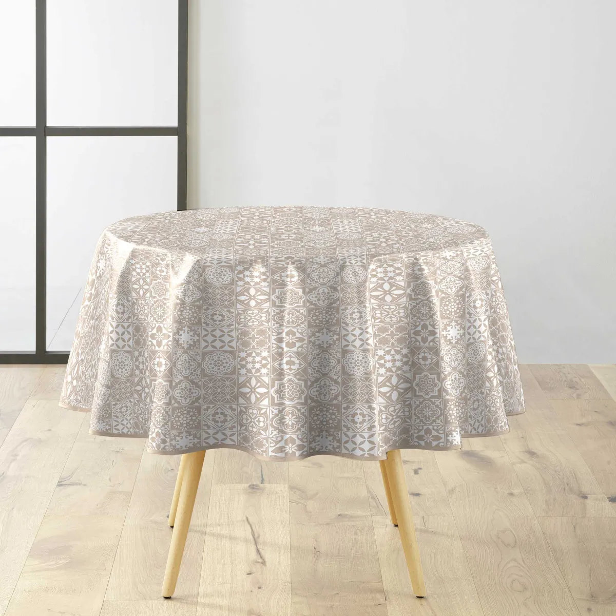 Nappe Toile Cirée Ronde "carella" 160cm Beige & Blanc