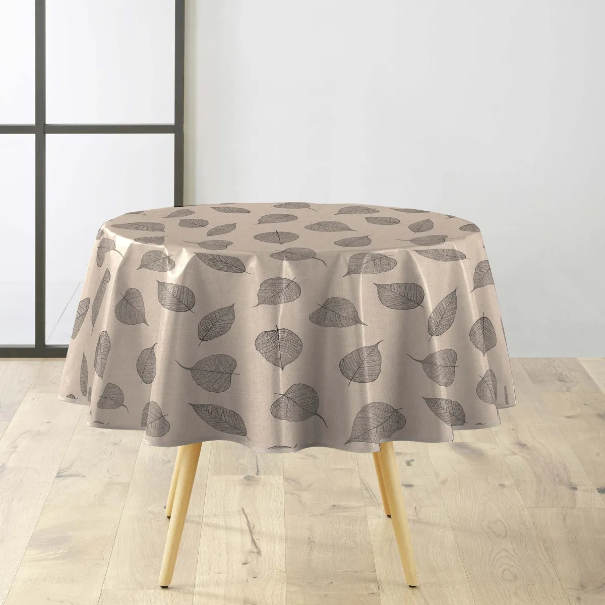 Nappe Toile Cirée Ronde "feuillys" 160cm Beige Lin