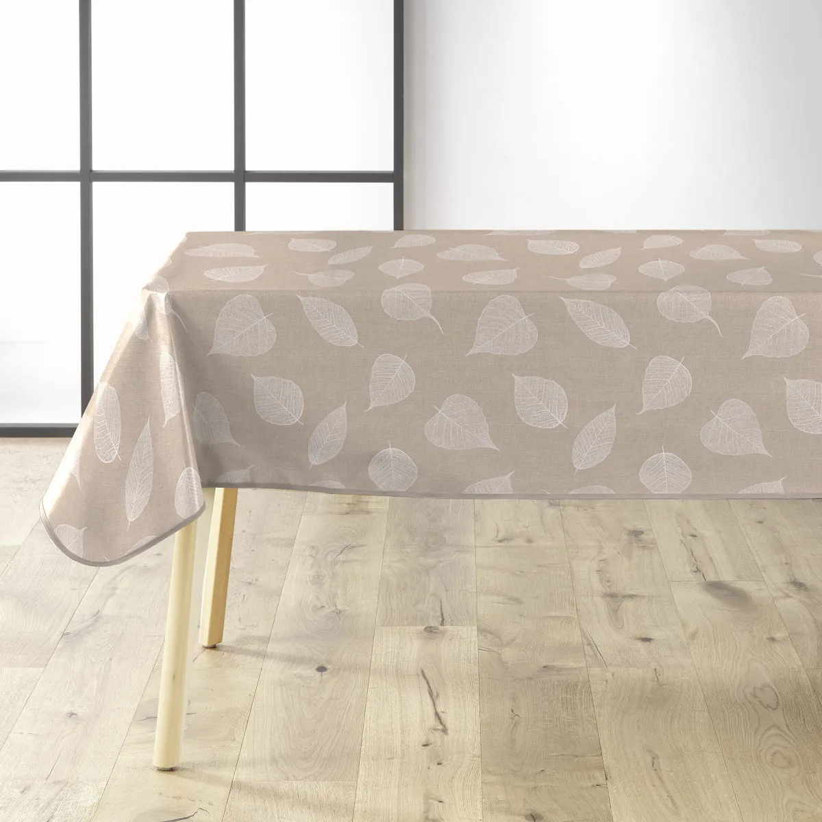 Nappe Toile Cirée "feuillys" 140x240cm Beige Lin & Blanc