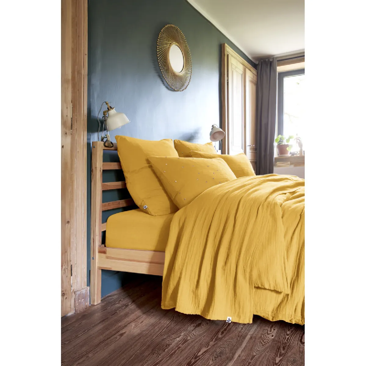 Parure de draps Gaïa L Effet Papillon double gaze Safran 5 pièces